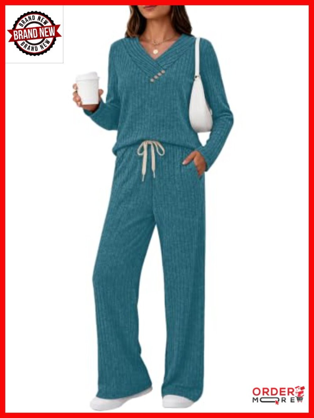 Ribbed Knit Two Piece Lounge Set V-Neck Top Drawstring Pants